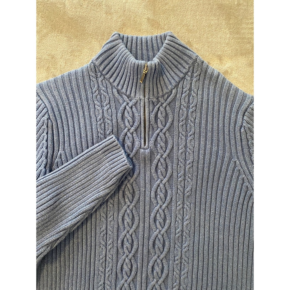 Lands End Sweater Sz L Blue 1/4 Zip Cable Knit Cotton Ribbed Mock Neck Coastal